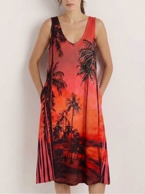 J Mode Hawaiian Sequin Palm Tree Print Midi Tank Dress Size Small Beach Cover Up